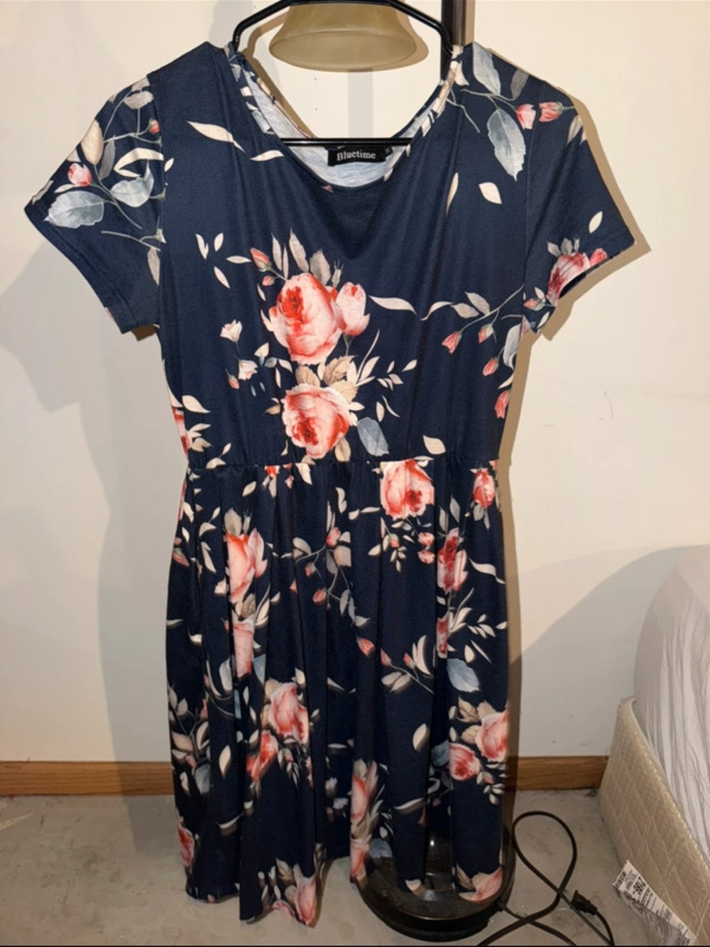 Bluetime Navy Midi Dress with Pink Floral Print